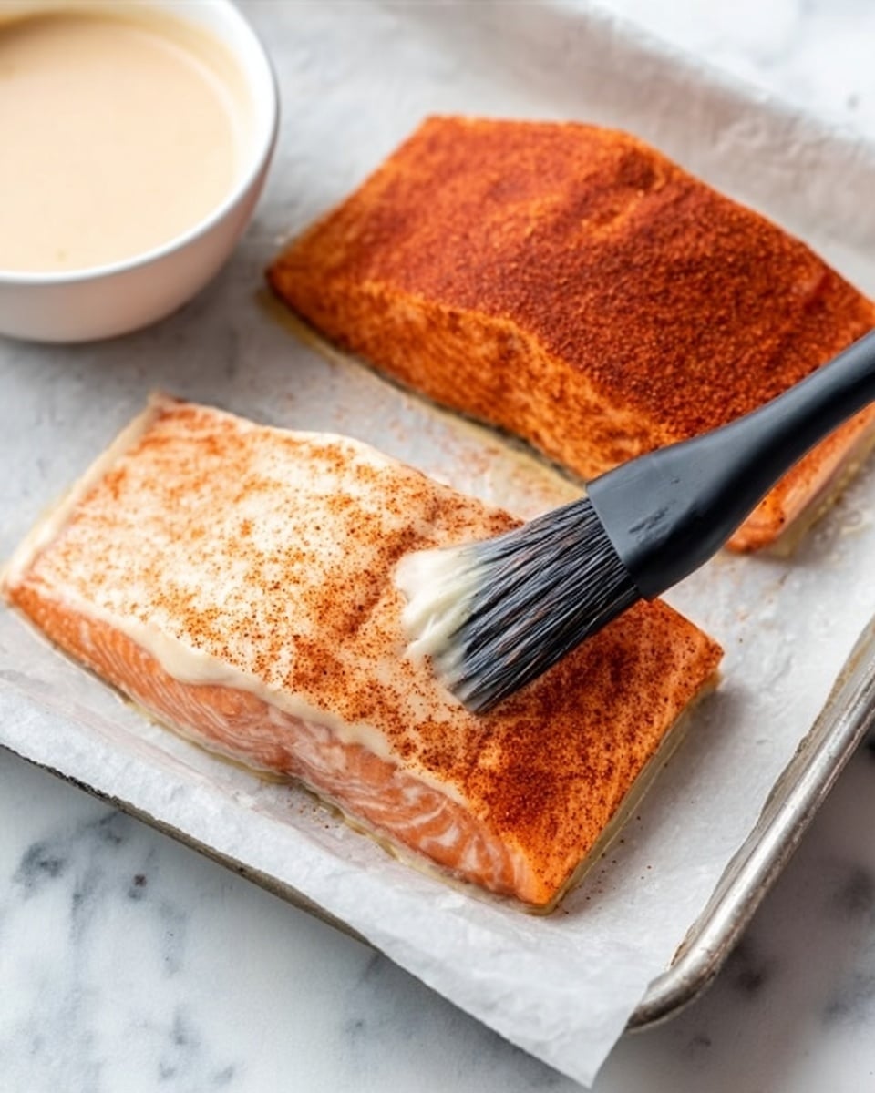 The image shows two pieces of cooked salmon on a white parchment paper-lined metal tray, placed on a white marbled surface. One piece is brushed with a light creamy sauce on top while the other piece has a dry reddish-brown spice coating. A brush with black bristles applies the sauce to the salmon from a white bowl filled with the light sauce, partially visible in the bottom left corner. The colors are warm orange and reddish-brown for the salmon, with the light sauce adding a pale contrast. The photo taken with an iphone --ar 4:5 --v 7