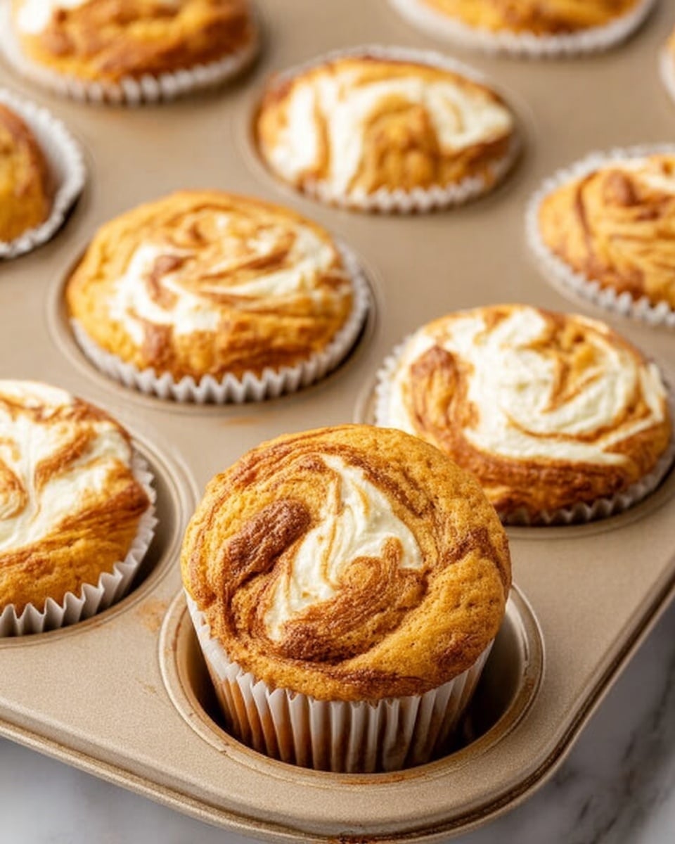 A close-up view of golden brown muffins with swirled white cream cheese on top, arranged in a beige metal muffin tray. The muffins sit in white paper liners with slightly crinkled edges. The swirls on the muffins create a marbled pattern of light cream color and warm brown. Some muffins are upright, showing the rounded tops, while one is tilted to the side inside the tray, revealing its soft texture. The background is a white marbled surface. photo taken with an iphone --ar 4:5 --v 7