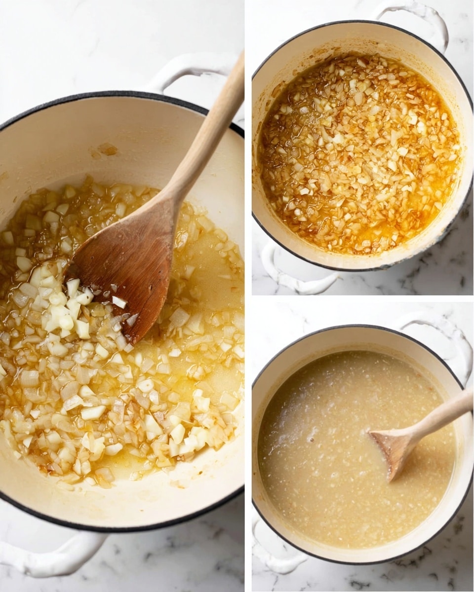 The image shows three views of a white pot with a black rim on a white marbled surface. The left section shows the pot with chopped onions and small pieces of garlic being stirred with a wooden spoon, the onions are lightly browned. The top right section shows the pot with the onions now covered in a light golden liquid, with the wooden spoon resting inside, showing the texture of the onions and liquid. The bottom right section shows the pot filled with a creamy, light beige liquid with small bits of onion, and the wooden spoon resting inside with some liquid in it. photo taken with an iphone --ar 4:5 --v 7