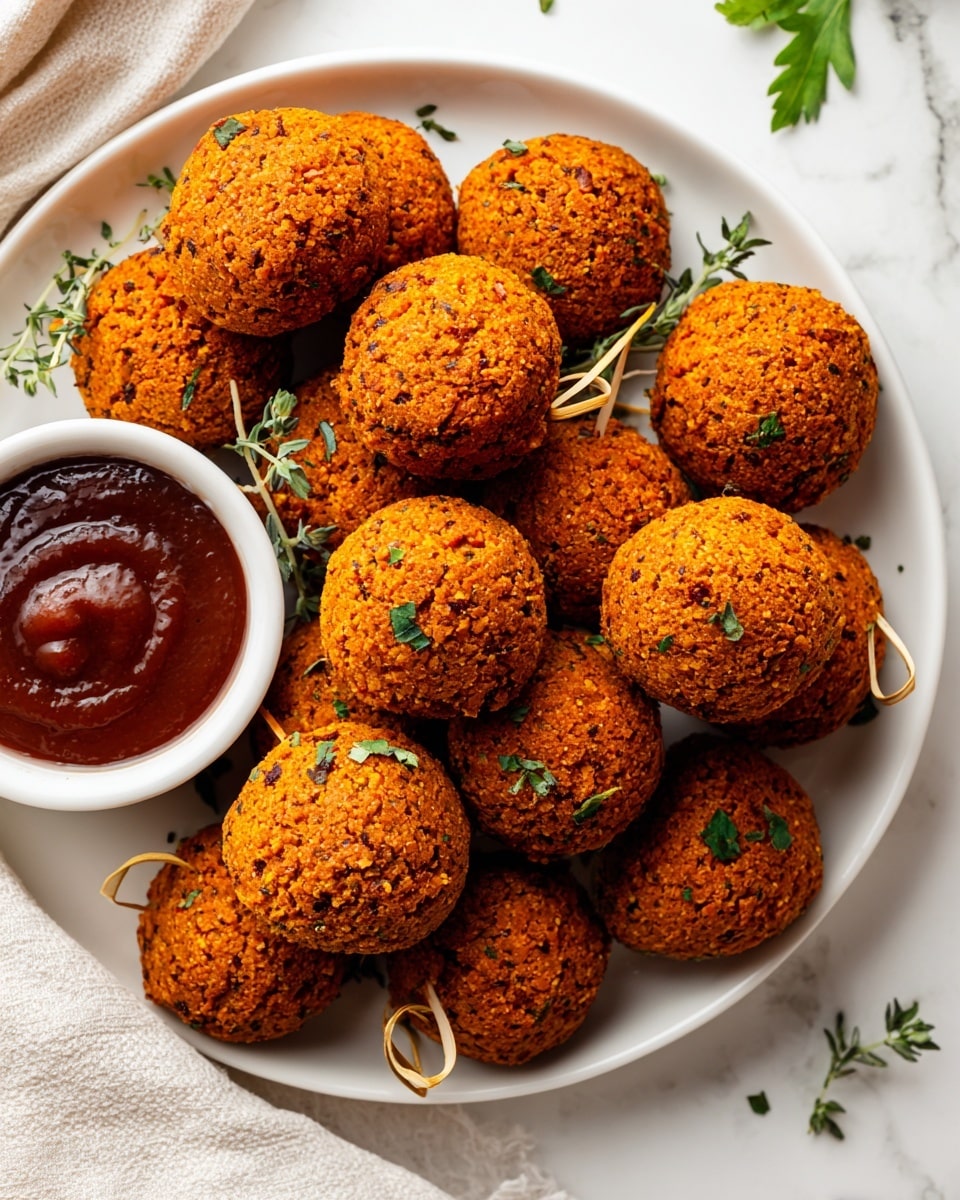 A white plate is full of round, orange falafel balls that have a rough, crispy texture and small green herbs sprinkled on top. Some falafels have small toothpicks sticking out. In the middle of the plate, there is a white small bowl filled with thick, dark red dipping sauce that looks smooth and shiny. The plate is on a white marbled surface. Photo taken with an iphone --ar 4:5 --v 7
