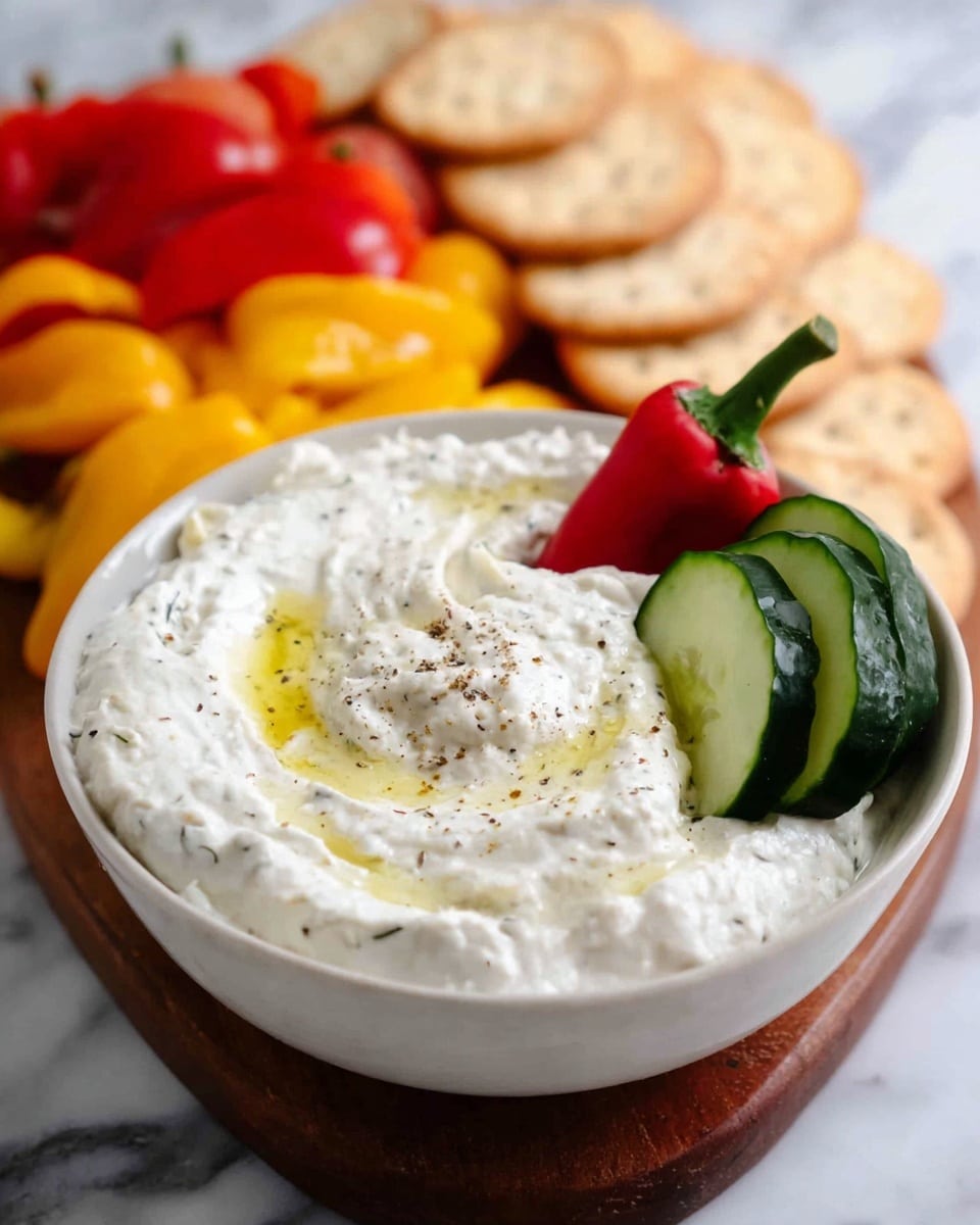 A close-up image shows a woman's hand holding a slice of green cucumber with a thick layer of white creamy dip on top. In the blurry background, there is a white plate filled with white creamy dip with some oil drizzled on it. Behind the plate, there are colorful pieces of red, yellow, and green vegetables along with round brown crackers, all placed on a white marbled surface. Photo taken with an iphone --ar 4:5 --v 7