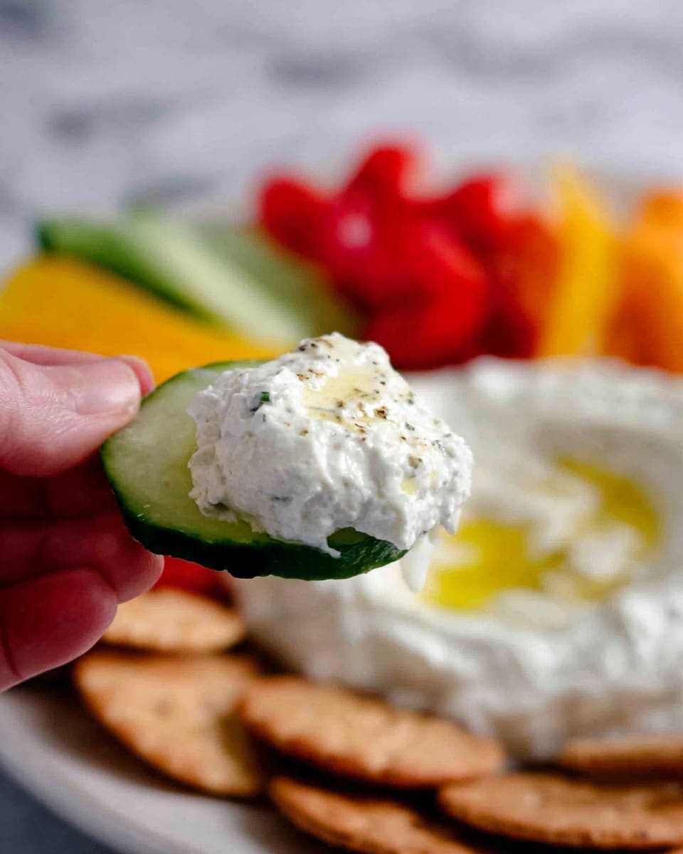 A white bowl filled with thick, creamy white dip with black pepper specks mixed in, topped with a light drizzle of golden olive oil. A small bright red pepper stands upright in the dip on the right side, next to three round slices of dark green cucumber partially dipped in the sauce. In the background, there is a wooden board holding more vegetables—yellow and red mini peppers, cucumber slices—and some round crackers, all set on a white marbled surface. photo taken with an iphone --ar 4:5 --v 7