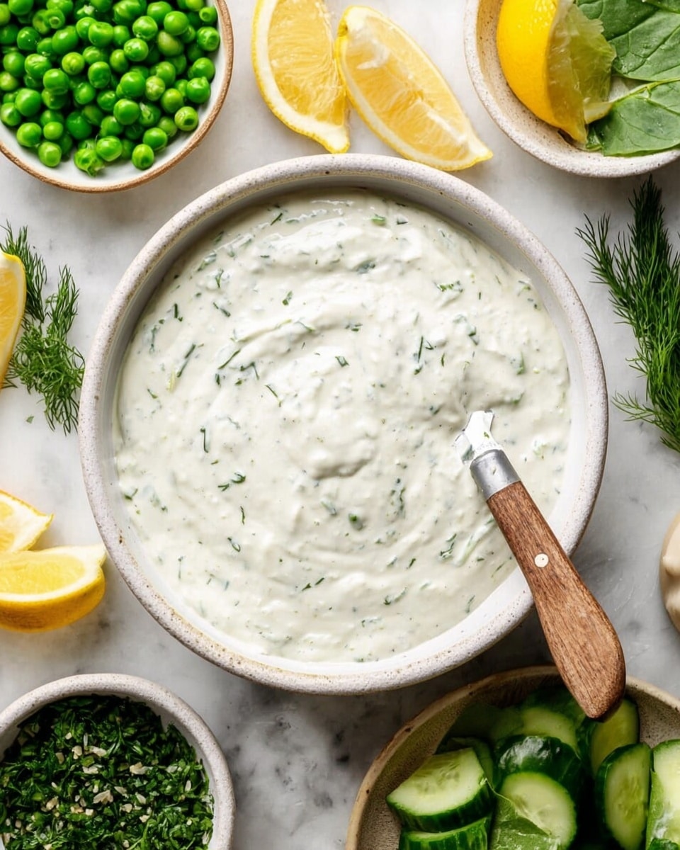 A white bowl filled with creamy white sauce mixed with small bits of green herbs, showing a smooth but slightly chunky texture; a small wooden-handled spreading knife rests inside the bowl on the right side. Surrounding the bowl are small white bowls and plates holding fresh green peas, bright yellow lemon wedges, spinach green cucumber slices, and finely chopped green herbs. The food is placed on a white marbled surface with fresh green herbs scattered lightly around. The overall look is fresh and clean. photo taken with an iphone --ar 4:5 --v 7