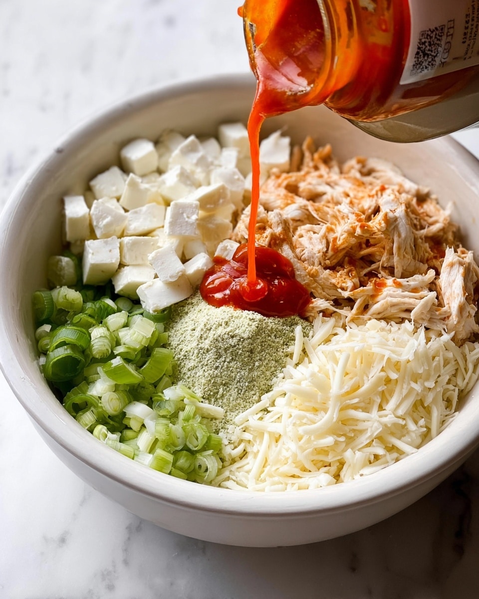 A white bowl on a white marbled surface holds several layers of ingredients arranged in separate sections. There is a layer of white cream cheese chunks on the top left, shredded light brown chicken below it on the left side, and a mound of pale green powder seasoning near the center. Green sliced scallions fill the bottom left side, while a pile of shredded white cheese is on the bottom right. On the top right, bright orange hot sauce is being poured from a bottle, adding a glossy, vibrant texture over a creamy white base beneath it. Photo taken with an iphone --ar 4:5 --v 7