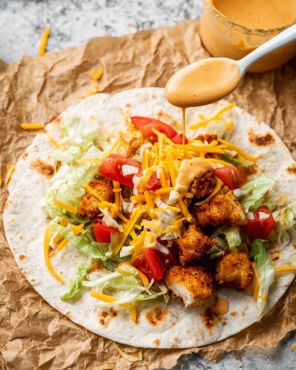 A soft white tortilla laid flat on crinkled brown parchment paper, topped with golden brown crispy chicken pieces at the base, scattered green shredded lettuce and small chunks of bright red tomato above it, a light sprinkle of shredded yellow cheese on top, and creamy orange sauce being drizzled from a white spoon onto the center of the taco, slight white marbled surface visible in the background. Photo taken with an iphone --ar 4:5 --v 7