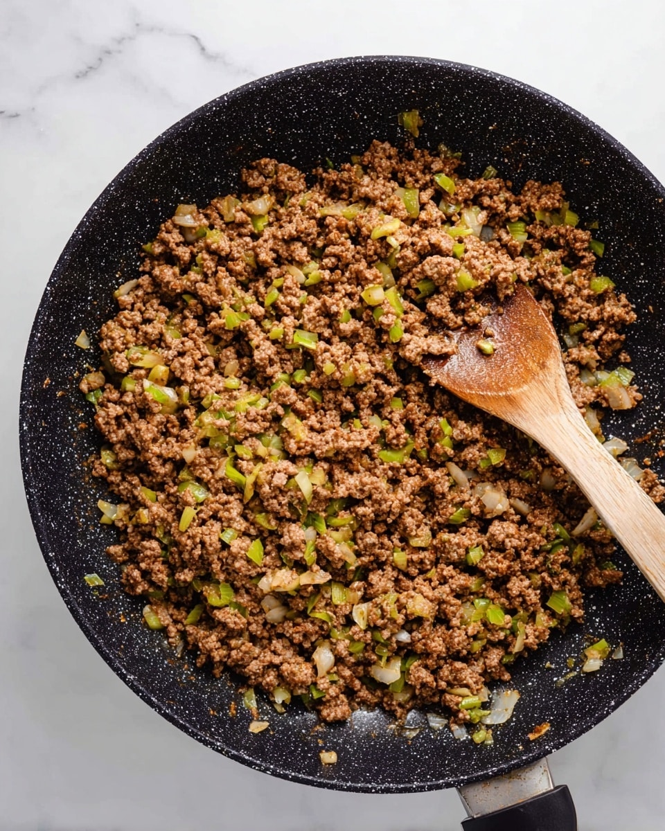 The image shows a step-by-step layering of a savory dish in a rectangular metal pan. The first layer is a thin, folded white dough sheet spread flat in the bottom of the pan with a glossy light yellow liquid brushed unevenly on top. The second layer covers the dough, consisting of cooked ground meat mixed with small pieces of green and light brown vegetables, spread evenly to cover the whole surface. The third layer is made of multiple folded white dough sheets arranged side by side, covering the meat completely and square-cut into smaller sections. The final layer shows the dough squares soaked with more of the same glossy yellow liquid, coating the top and pooling slightly around the edges. The pan is placed on a white marbled surface. photo taken with an iphone --ar 4:5 --v 7
