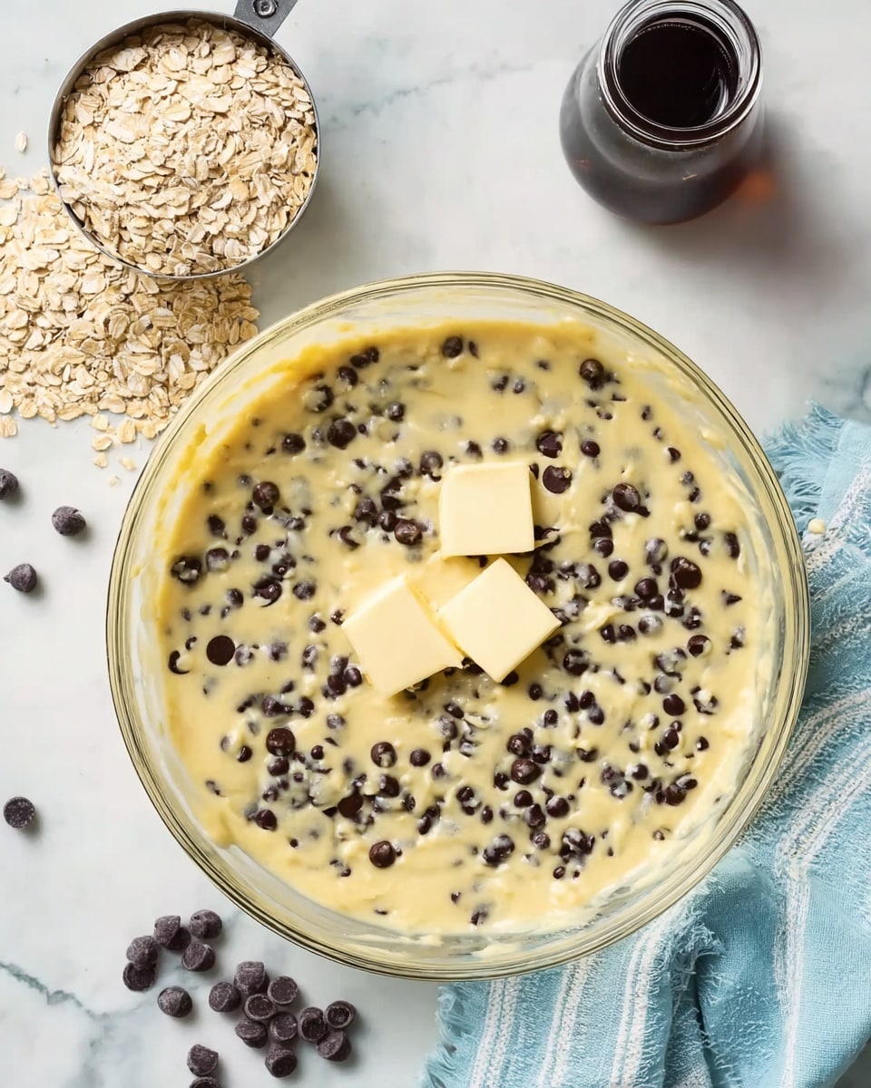 A clear glass bowl filled with a creamy yellow batter mixed with many small dark chocolate chips scattered throughout, with four small pieces of light yellow butter resting on top of the mixture; beside the bowl on a white marbled surface, there is a metal measuring cup filled with light beige rolled oats spilling a bit, some dark chocolate chips next to a dark bottle placed near the bowl, and a light blue and white striped cloth partially visible under the bowl. photo taken with an iphone --ar 4:5 --v 7