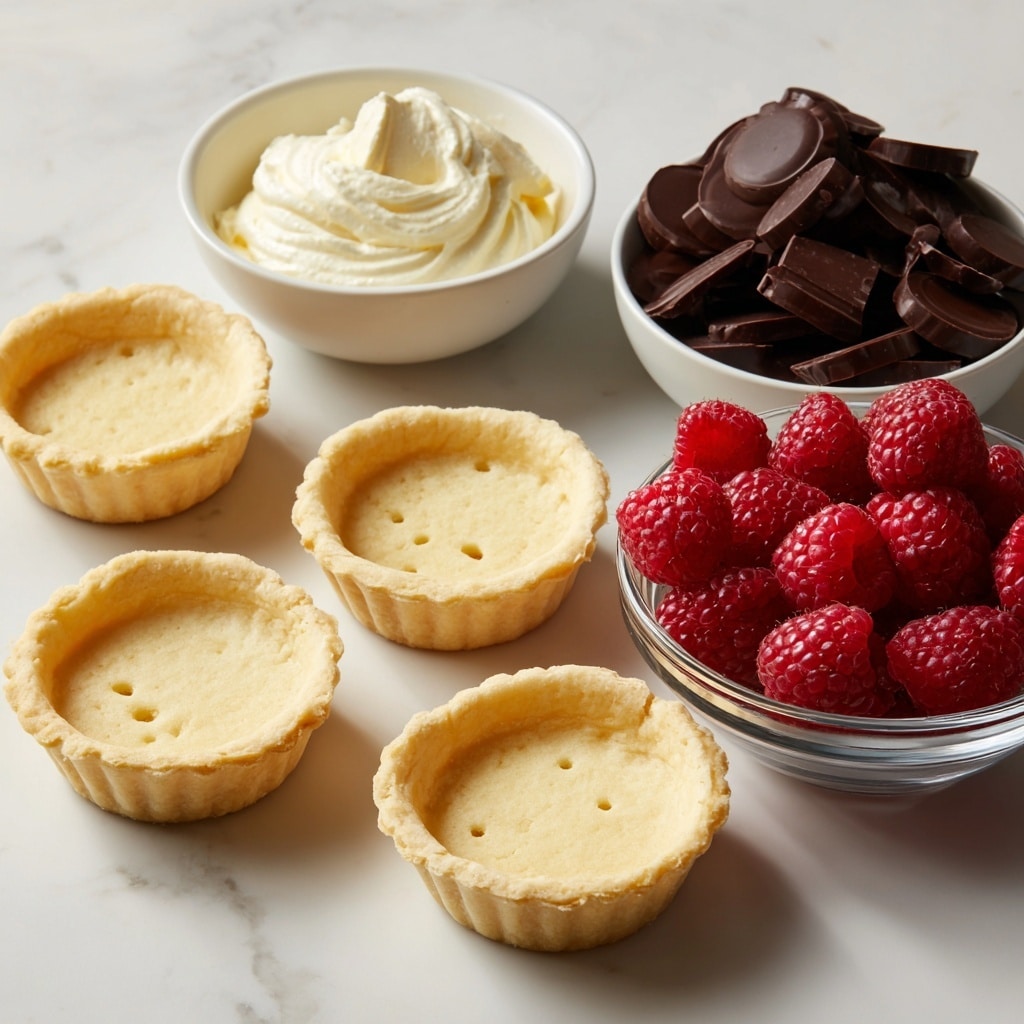 The image shows six empty tartlet shells arranged loosely on a white marbled surface, each shell a light golden brown with a slightly rough texture and small holes in the base. To the right, there is a clear glass bowl filled with dark cooking chocolate discs, almost black with a smooth, matte surface. Above the chocolate bowl, there is a white bowl filled with fresh raspberries, bright red and plump with a textured surface. To the left of the chocolate, there is a white bowl filled with heavy or thickened cream, smooth and pale cream-colored, contrasting with the other elements. The layout is neat and balanced, with all items spaced evenly on the white marbled surface, photo taken with an iphone --ar 4:5 --v 7