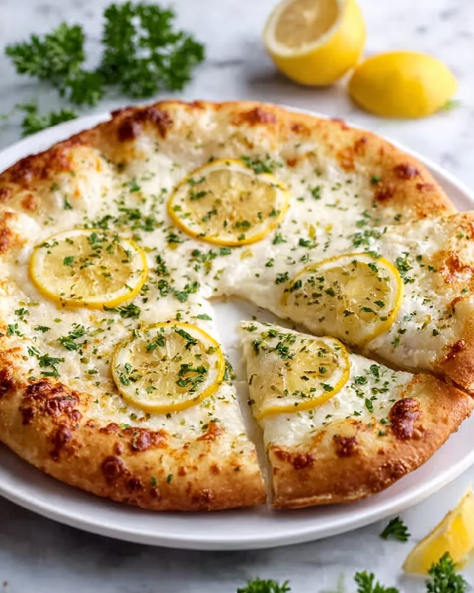 A pizza with one thick, light brown crust layer around the edge, which is slightly crispy and golden. The main layer is creamy white melted cheese spread evenly across the surface, with green herb flakes sprinkled on top. Four round yellow lemon slices are placed evenly on the cheese layer. The pizza is on a white plate, with green parsley and bright yellow lemon wedges resting on the white marbled surface beside it. Photo taken with an iphone --ar 4:5 --v 7