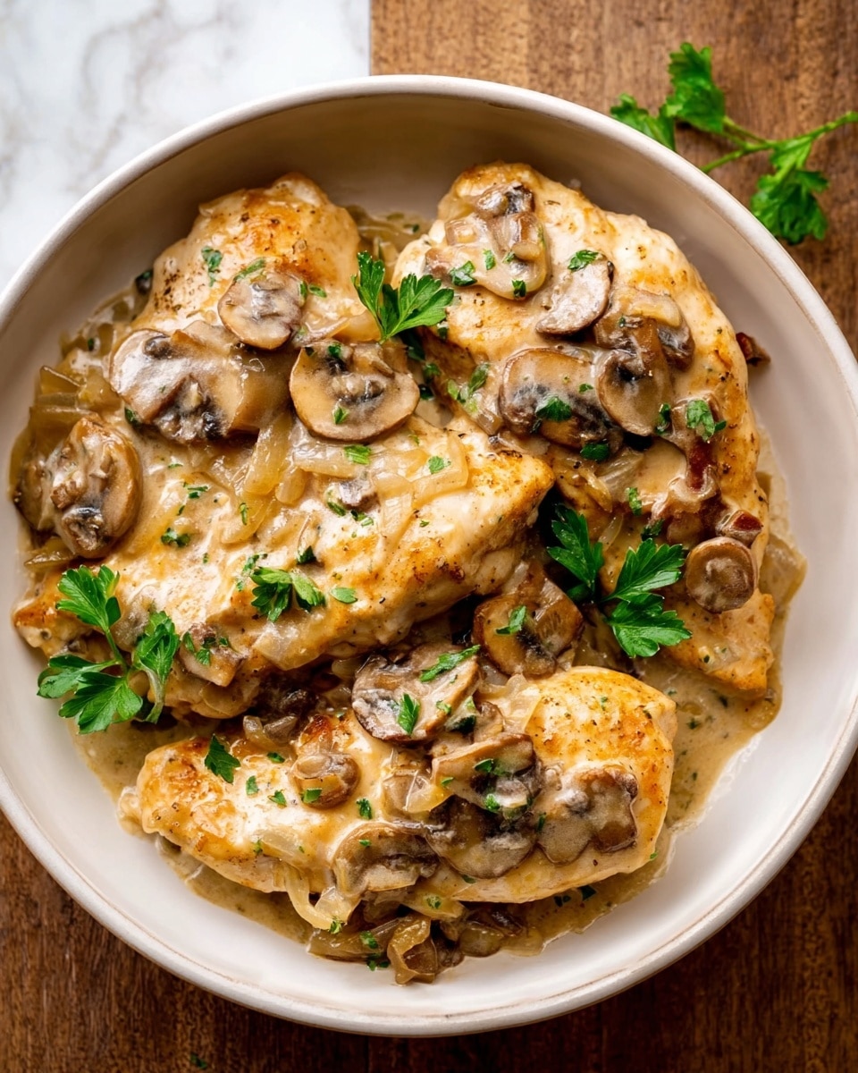 A white bowl filled with four pieces of cooked chicken topped with a creamy sauce that contains sliced mushrooms and finely chopped onions. The chicken pieces are light golden brown with a slightly shiny texture from the sauce. The sauce is pale beige and smooth, spread evenly over the chicken and mushrooms. Small green parsley leaves are placed on top, adding a touch of color. The bowl sits on a white marbled surface. photo taken with an iphone --ar 4:5 --v 7