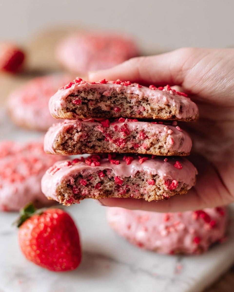 A woman's hand holds a stack of four irregular round pink cookies, showing their soft and crumbly inside texture with bits of red pieces embedded throughout. Each cookie has a smooth pink icing layer on top with small crushed red toppings. Below the hand, more pink iced cookies lie on a white marbled surface, with one fresh whole strawberry slightly out of focus, adding a natural contrast to the scene. The cookies vary slightly in thickness and have a moist, dense look with visible tiny air pockets. photo taken with an iphone --ar 4:5 --v 7