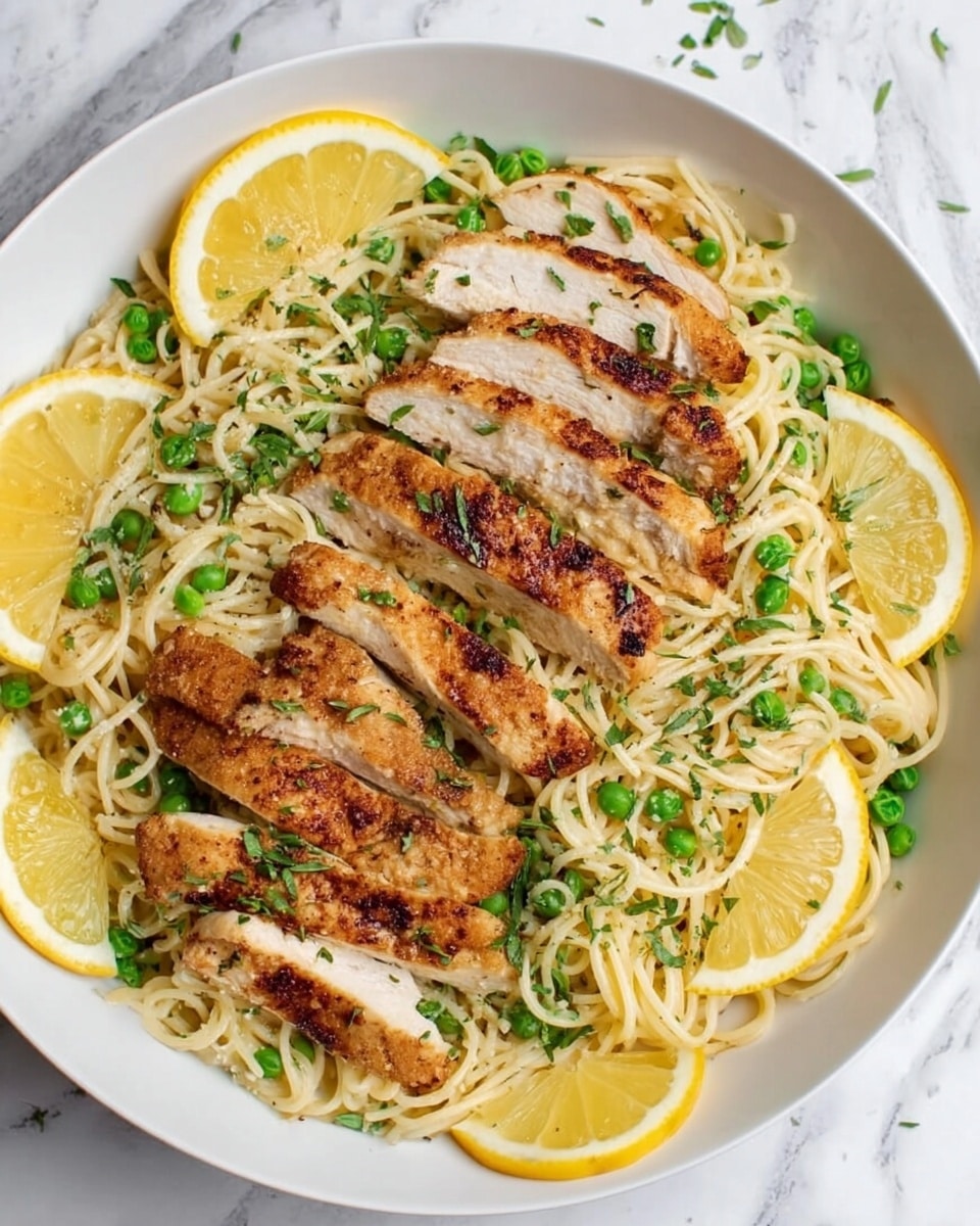 A white bowl filled with a base layer of light-colored spaghetti noodles that have a soft, slightly glossy texture, mixed with scattered small green peas. On top of the noodles, there are four pieces of cooked chicken that are sliced into even strips, showing a browned, slightly crispy outer layer with a tender white inside. These chicken pieces are arranged in a circular pattern around the bowl. Bright yellow lemon wedges are placed on top of the noodles and around the chicken, adding pops of color. Small green herbs are sprinkled over the whole dish for garnish, all placed on a white marbled surface. Photo taken with an iphone --ar 4:5 --v 7