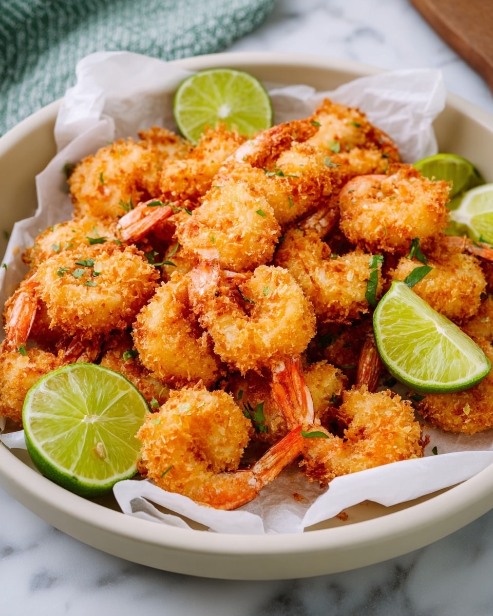 A white bowl filled with golden brown fried shrimp, each shrimp crispy with a light orange tint and rough texture, arranged in a heap on white parchment paper. Scattered among the shrimp are bright green lime wedges and small pieces of green herbs, adding fresh color contrast. The bowl sits on a white marbled surface, creating a clean and fresh look. photo taken with an iphone --ar 4:5 --v 7