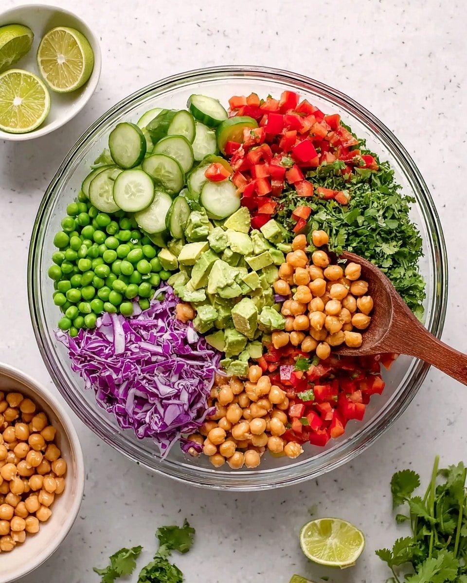 A clear round bowl filled with a colorful layered salad arranged in distinct sections: bright green cucumber slices on the top left, small red diced tomatoes on the top center, a pile of creamy light green avocado cubes in the middle, light brown chickpeas being scooped by a wooden spoon on the top right, fresh green chopped cilantro next to the chickpeas, green peas covering a large bottom area, more diced red tomatoes near the bottom right, and shredded purple cabbage on the bottom left. The bowl is placed on a white marbled surface, with extra chickpeas in a small white bowl, lime halves, and fresh cilantro scattered nearby. Photo taken with an iphone --ar 4:5 --v 7