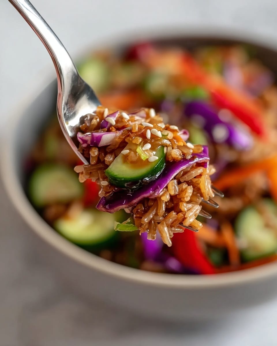 A black bowl filled with layers of colorful salad sits on a white marbled surface. The bottom layer is dark brown rice, topped with bright purple cabbage pieces and thin orange carrot strips. Fresh cucumber slices with pale green centers are placed around the edges on top of the cabbage and carrots. Thin red pepper strips and chopped green herbs are scattered over the rice. The whole dish is drizzled with light brown peanut sauce and sprinkled with small white sesame seeds. The image has soft lighting and a close-up view showing the textures clearly, photo taken with an iphone --ar 4:5 --v 7
