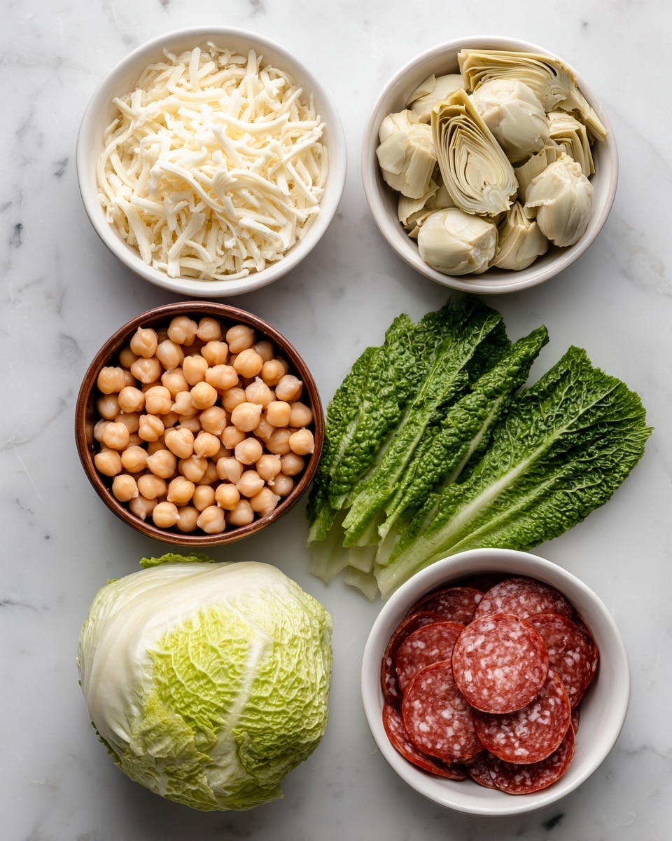 The image shows six ingredients arranged neatly on a white marbled surface: at the top center is a white bowl filled with shredded mozzarella, to the left is a white bowl holding marinated artichoke hearts, and to the right is a white bowl containing thin strips of Italian salami. Below these bowls, there is a small brown bowl filled with round, light brown chickpeas. At the bottom left lies a whole round head of green iceberg lettuce with tightly packed leaves, and next to it on the right is a longer head of romaine lettuce with dark green, textured leaves that spread out. The ingredients are spaced apart clearly for easy viewing, photo taken with an iphone --ar 4:5 --v 7