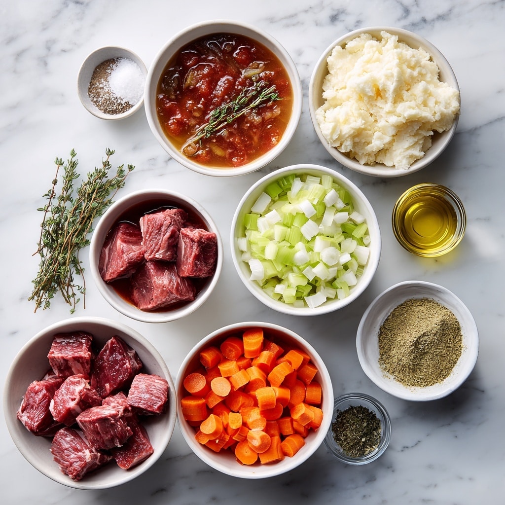 A white bowl filled with a dish showing three main layers: at the bottom, a smooth creamy light beige layer that looks like mashed potatoes; above it, thick dark brown stew with visible textures of tender meat chunks and a rich gravy; on top, bright orange carrot slices and small, shiny green peas scattered throughout, with sprinkled fresh green herbs over the dish; a silver spoon is resting inside the bowl, partially scooping some stew. The bowl is set on a white marbled surface. Photo taken with an iphone --ar 4:5 --v 7