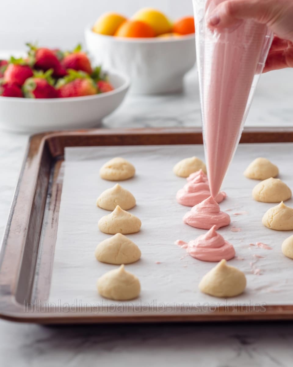 A close-up shows a white baking tray lined with parchment paper on a white marbled surface. Small, round dollops of creamy light beige dough are neatly arranged in rows on the tray. Above the tray, a woman's hand holds a clear plastic piping bag filled with smooth, pink batter, squeezing it to form dollops beside the dough. The background is softly blurred with a white bowl and colorful fruits visible. Photo taken with an iphone --ar 4:5 --v 7