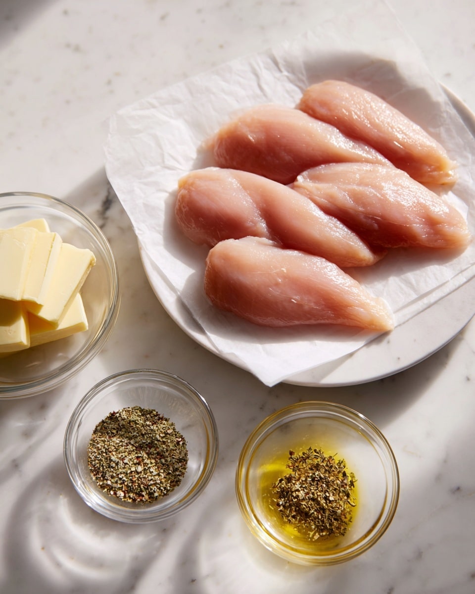 The image shows six raw chicken tenders arranged neatly on a white paper-lined white plate, with a visible soft pink color and smooth texture. Below the plate are two small clear glass bowls, one filled with light yellow slices of butter and the other with a mix of brown and green dry seasonings. The entire setup is on a white marbled surface with a soft, bright natural light. Photo taken with an iphone --ar 4:5 --v 7