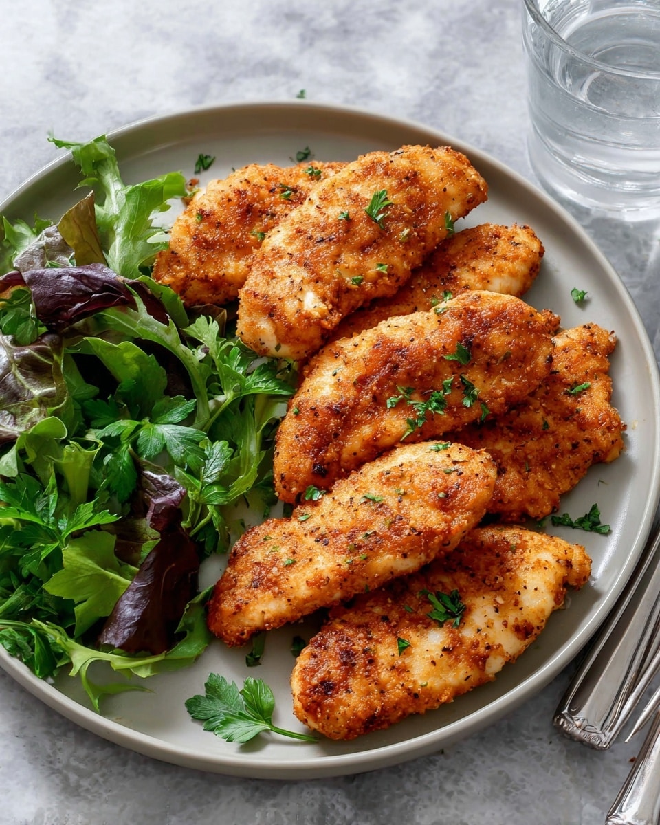 The image shows six pieces of golden brown cooked chicken tenders arranged on the right side of a round white plate. The chicken pieces have a crispy, seasoned coating with visible specks of herbs and spices. On the left side of the plate, there is a small pile of fresh mixed green leaves with different shapes and shades of green. A few sprigs of fresh parsley are placed among the chicken for garnish. The plate sits on a white marbled surface with a fork and a spoon near its edge. In the background, there is a glass of water that is partly visible. Photo taken with an iphone --ar 4:5 --v 7