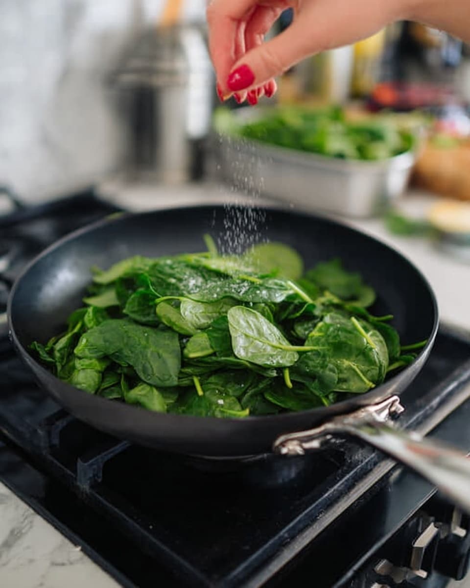 A black pan sits on a gas stove with fresh green spinach leaves piled inside. A woman's hand with red nail polish sprinkles white salt over the spinach, some grains visible in midair. The pan has a silver handle that shines slightly. The background shows a white marbled surface with blurred kitchen items and a container with more spinach leaves. photo taken with an iphone --ar 4:5 --v 7