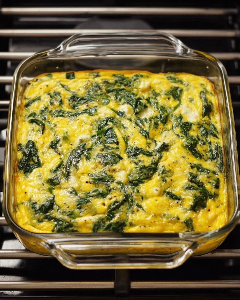 A square glass baking dish filled with a thick, yellow egg mixture baked with visible dark green spinach spread evenly throughout. The surface looks soft and slightly uneven with small pockets of white from cheese or egg whites, and a light pepper seasoning is visible. The dish sits on a stove with metal grates, and the glass dish handles shine slightly under light. The yellow and green colors contrast well, creating a fresh and warm look. photo taken with an iphone --ar 4:5 --v 7