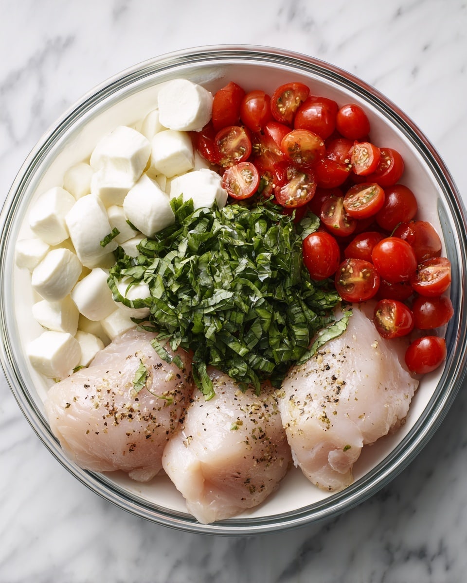 The first image shows a clear glass bowl resting on a white marbled surface, filled with four main layers of ingredients arranged in separate sections: on the left, soft white chunks of fresh mozzarella cheese, in the center, a pile of bright green chopped basil leaves, and on the right, vibrant red halved cherry tomatoes, some showing their inner texture. The second image features a white pan with black rim sitting on the same white marbled surface, containing four large pieces of raw pale pink chicken seasoned with black pepper, evenly spaced inside the pan. photo taken with an iphone --ar 4:5 --v 7