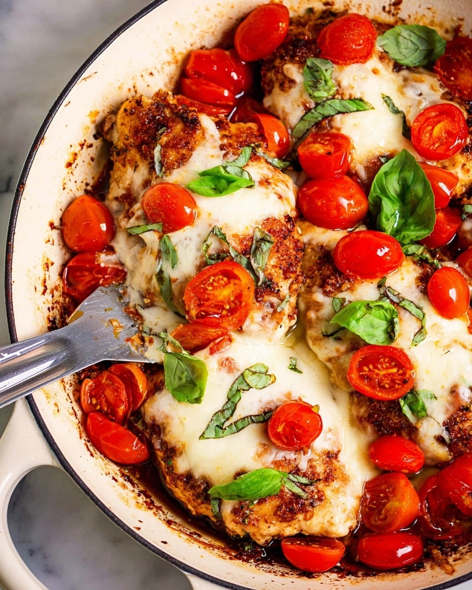 A close-up view shows a white pan filled with cooked chicken pieces topped with melted white cheese that stretches as one piece is lifted. Each chicken piece is covered with bright red roasted cherry tomatoes and small green basil leaves. The chicken has a golden-brown, slightly crispy texture with charred marks. The pan surface beneath the chicken shows browned cooking juices with scattered bits of roasted tomatoes and herbs. A woman's hand is lifting one piece of chicken with a spatula, highlighting the soft melted cheese and vibrant tomatoes on top. The background features a white marbled texture. photo taken with an iphone --ar 4:5 --v 7