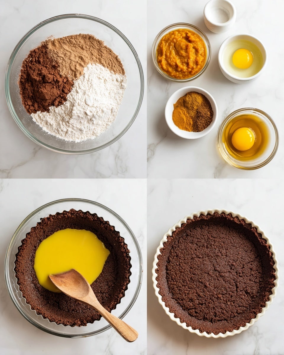 The image shows four stages of making a chocolate tart crust arranged in a 2x2 grid on a white marbled surface. The top-left part has a clear glass bowl with white flour, brown cocoa powder, and a small pile of sugar inside. Around the bowl are small white bowls with orange pumpkin puree, melted yellow butter, light brown spices, and a whole egg. Moving to the top-right part, the dry ingredients have been mixed into a ring shape in the glass bowl, with melted yellow butter poured into the center. In the bottom-left, the mixture in the glass bowl has become a dark brown crumbly dough with a light wooden spoon resting inside. The last part, bottom-right, shows a white tart pan filled with evenly pressed dark brown dough, ready to be baked. Photo taken with an iphone --ar 4:5 --v 7