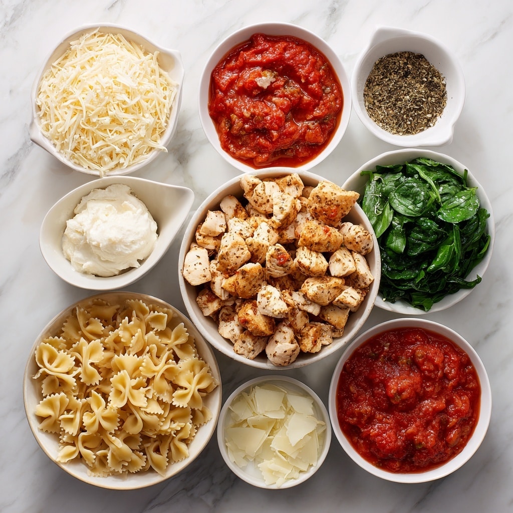 The image shows a close-up of a white dish filled with a baked pasta dish that has several layers. The bottom layer is pasta mixed with red tomato sauce and chunks of cooked chicken, topped with fresh green spinach leaves scattered evenly. Above this is a thick layer of melted cheese, browned lightly on the edges, giving it a bubbly texture. A woman's hand holding a spoon is lifting a portion, showing the gooey cheese stretch and some pasta underneath. The dish is placed on a white marbled surface. photo taken with an iphone --ar 4:5 --v 7