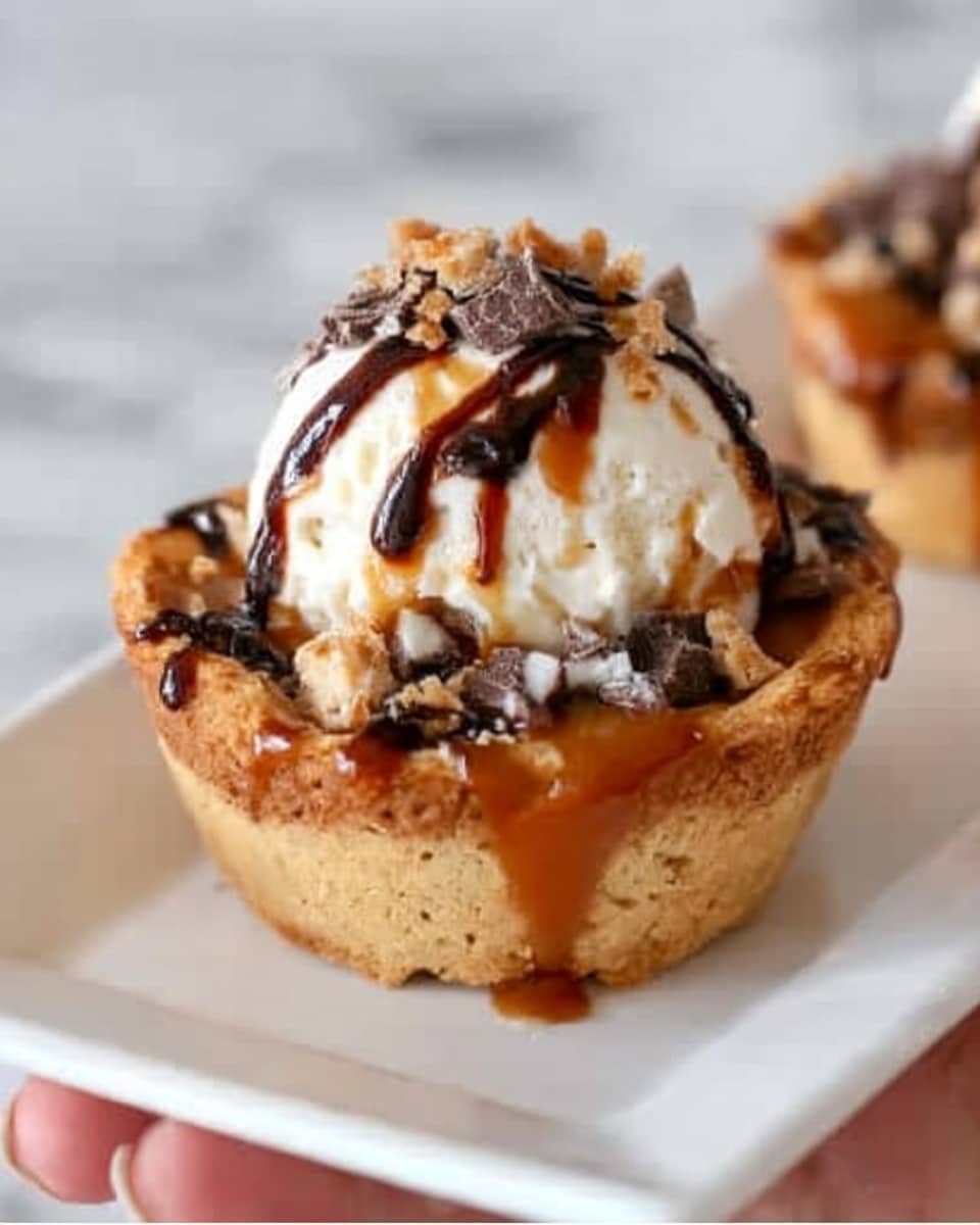 A close-up image shows a single dessert cup made from a thick, golden-brown cookie crust forming the base and sides. Inside the cup, there is a smooth layer of golden caramel filling. On top of the caramel is a scoop of white creamy ice cream, drizzled with dark chocolate sauce and sprinkled with small dark chocolate chips and pieces of crushed cookies. The dessert cup is placed on a white rectangular plate sitting on a white marbled surface. photo taken with an iphone --ar 4:5 --v 7