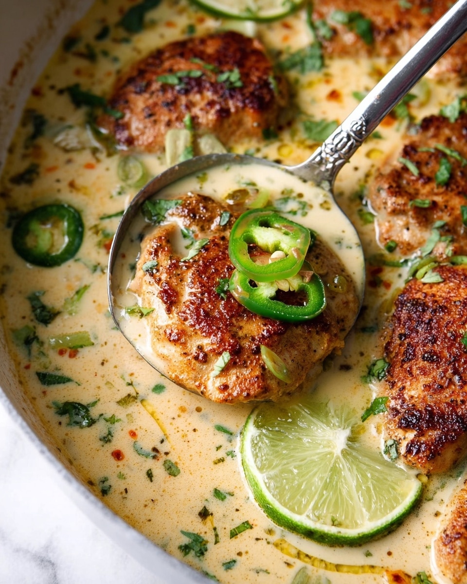 A close-up image of a creamy dish with four browned, seasoned cooked pieces, partially submerged in a light, creamy sauce with a smooth texture. Bright green slices of chili and fresh chopped herbs are sprinkled on top and throughout the sauce. Lime wedges with a fresh green and pale yellow color sit nestled among the cooked pieces. A silver spoon scoops some of the sauce, with visible green chili slice and herbs in the ladle. The whole dish lies on a white marbled surface. photo taken with an iphone --ar 4:5 --v 7