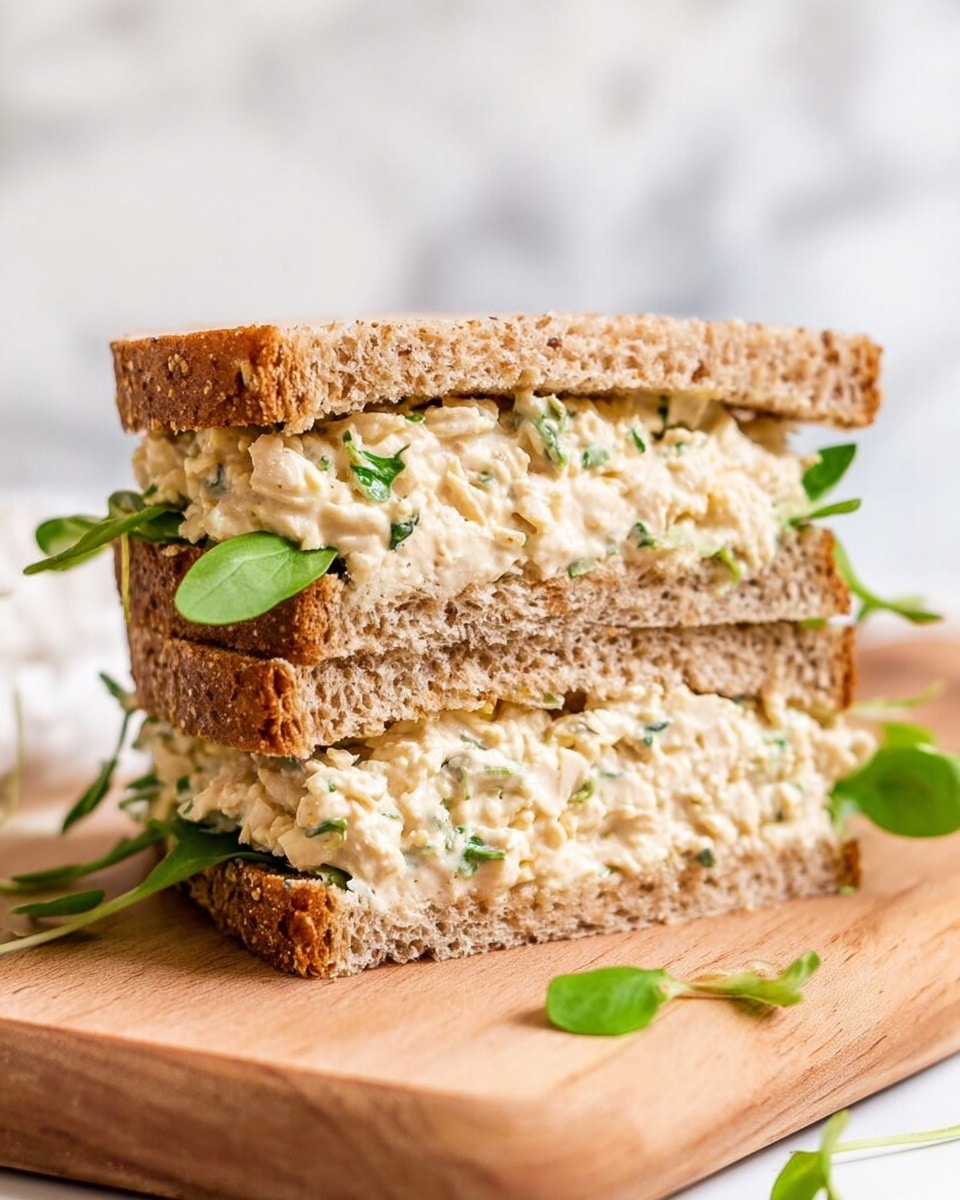 The image shows a sandwich cut in half and stacked on a wooden board. The sandwich has two slices of whole grain wheat bread with a rough texture and visible grains. Inside, there are two thick layers of creamy chicken salad mixed with small green herbs. Between the chicken salad layers and the bread, there are fresh green leaves adding color and texture. Some small green leaves are scattered on the board around the sandwich. The background and surface have a white marbled texture. Photo taken with an iphone --ar 4:5 --v 7