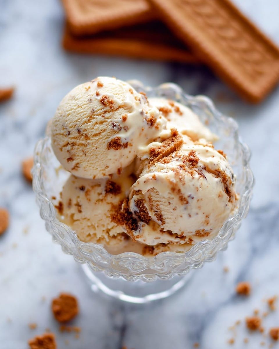 A clear glass bowl with scalloped edges holds three scoops of light beige ice cream with small bits of crushed brown cookie evenly mixed inside and sprinkled on top. The ice cream looks creamy and soft with visible texture from the cookie crumbs. In the blurred background, two whole rectangular brown cookies rest on a white marbled surface, along with some scattered cookie crumbs near the bowl. The focus is on the bowl of ice cream from a top-down angle. photo taken with an iphone --ar 4:5 --v 7