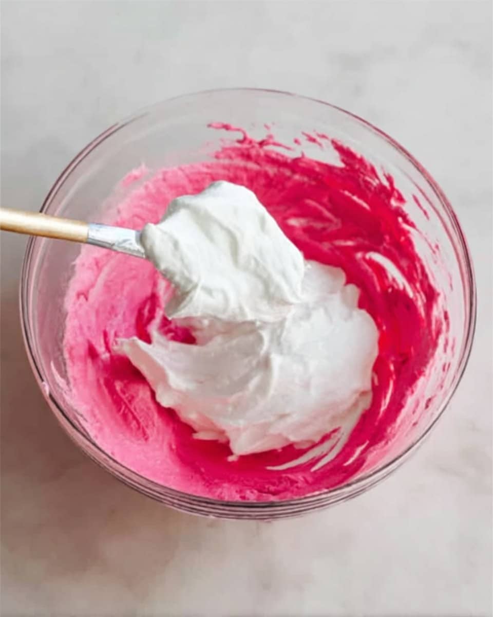 A clear glass bowl on a white marbled surface contains bright pink creamy mixture at the bottom layer, with a smooth white creamy layer being spread on top by a woman's hand holding a spoon with white cream on it. The textures show the thick pink base and the soft, fluffy white layer blending gently. Photo taken with an iphone --ar 4:5 --v 7