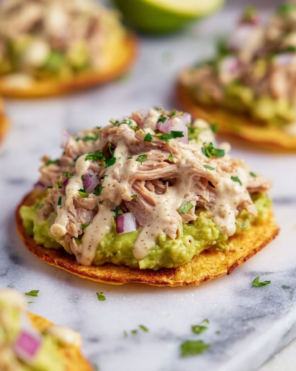 The image shows a single crispy yellow corn tortilla topped with several layers. The bottom layer is chunky green guacamole spread evenly across the tortilla. On top of that is a layer of shredded light pink tuna. Scattered over the tuna are small pieces of bright purple diced red onion. The food is placed on a white marbled surface, and a wedge of green lime is visible near the tortilla. A white bowl with more garnishes is seen partially in the top left corner. photo taken with an iphone --ar 4:5 --v 7