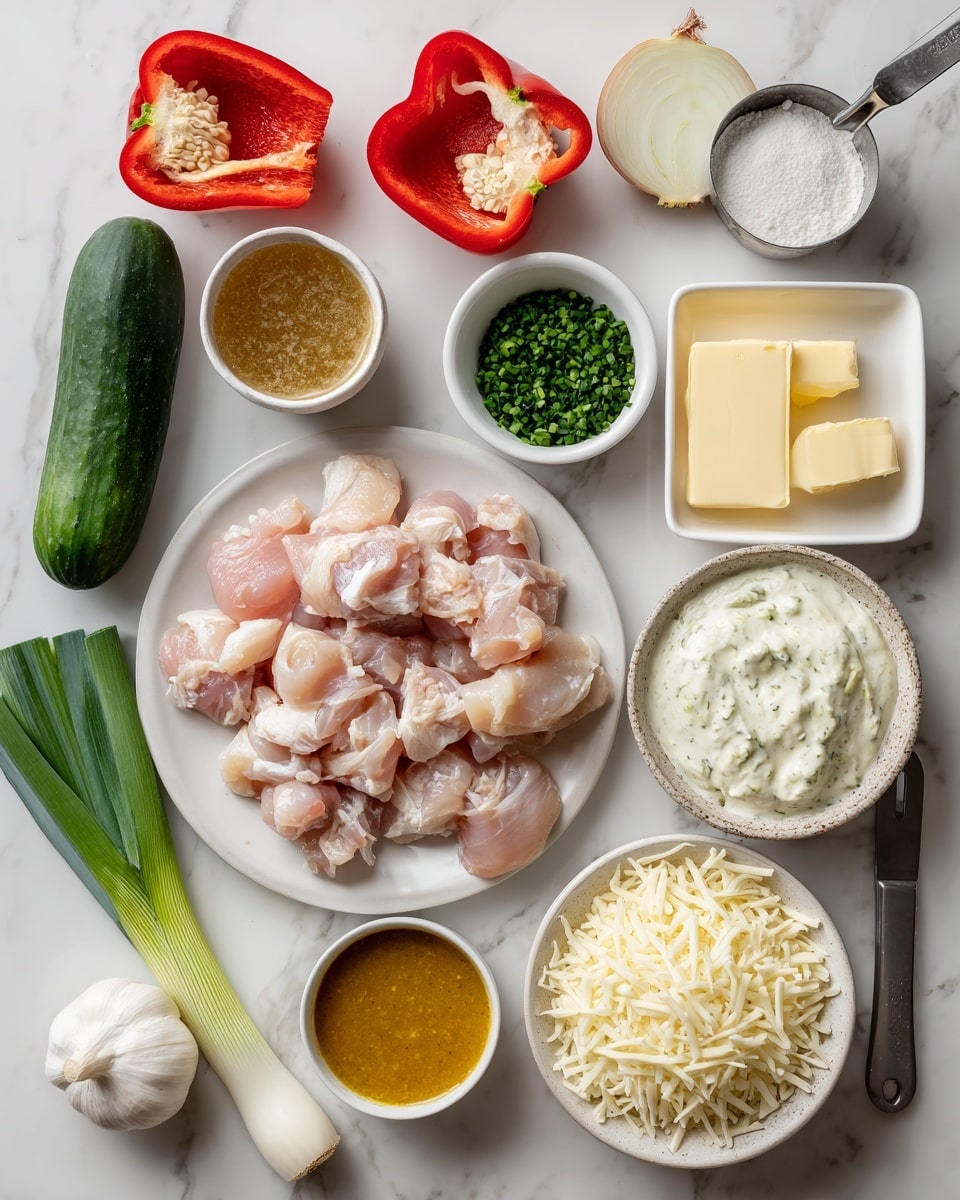 The image shows many ingredients arranged on a white marbled surface. At the center bottom, there is a white plate filled with raw chicken pieces. To the right of the chicken, there are three green onions with white bases and a small block of butter nearby. Above the chicken, there is a small white bowl with light brown liquid labeled apple cider vinegar, and next to it, a sliced red onion half. To the left of the onion, there are two red bell pepper halves with bright red shiny flesh inside. Above the peppers, there is a small white square bowl with green chopped fresh chives and powdered seasonings. To the right side, shredded white cheese sits piled on a white plate. On the left side, there is a halved cucumber with dark green skin and a beige bowl holding white sour cream. Next to that is a metal scoop filled with white rice grains. Below the rice, there is a white bowl with yellow banana peppers and a brown bowl filled with orange buffalo sauce. Above all items, a bulb of garlic and some scattered cucumber slices are visible. The ingredients are neatly spaced and labeled with black text. Photo taken with an iphone --ar 4:5 --v 7