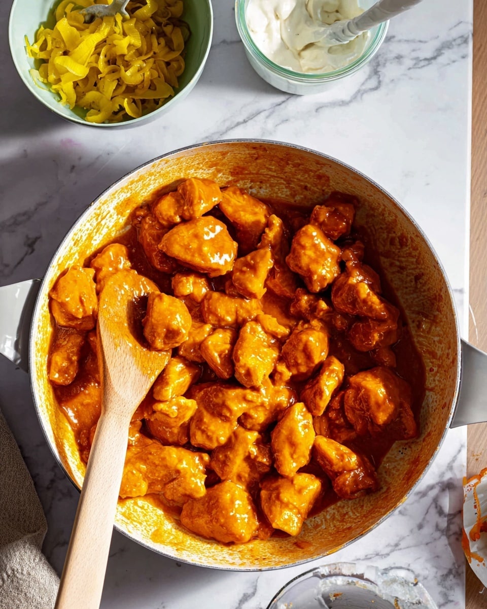 A white pan filled with many pieces of orange chicken covered in a smooth, thick sauce, with a wooden spoon on the left side coated in the same sauce. Around the pan, on a white marbled surface, there are two small white bowls, one containing yellow pickled vegetables and the other with a creamy white sauce and a white spoon inside. The scene is bright and the colors are warm, showing the rich texture of the cooked chicken and the creamy sauces photo taken with an iphone --ar 4:5 --v 7