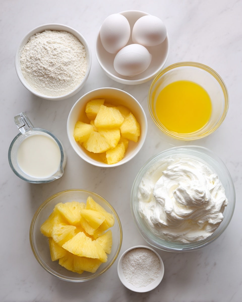 The image shows several ingredients placed on a white marbled surface, each in its own white bowl or clear measuring cup. There are three white eggs near the top center. To the right, a white bowl holds light yellow oil. Next to that, another white bowl contains clear yellow pineapple juice. Below these, a glass bowl has bright yellow pineapple slices. To the left side, a clear measuring cup contains water, and next to it is a white packet of yellow cake mix. Below the cake mix, a clear measuring cup holds white milk with a slightly creamy texture. To the right of the milk, a white bowl has white whipped topping with a fluffy texture. Lastly, to the right of the whipped topping, a small white bowl contains fine white instant vanilla pudding mix. Each item is spaced neatly with clear labels above or beside them. Photo taken with an iphone --ar 4:5 --v 7
