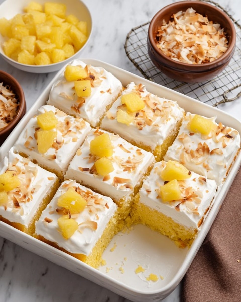 A white rectangular dish holds a yellow cake cut into nine square pieces, with one piece removed. The cake has two visible layers: a thick yellow base with a soft texture, topped with a smooth white frosting layer. Each piece is decorated with small yellow pineapple chunks evenly placed on the frosting along with toasted brown coconut flakes sprinkled lightly. Next to the dish are a white bowl filled with extra pineapple chunks and a brown bowl containing extra toasted coconut flakes on a wire rack. The background is a white marbled surface. Photo taken with an iphone --ar 4:5 --v 7