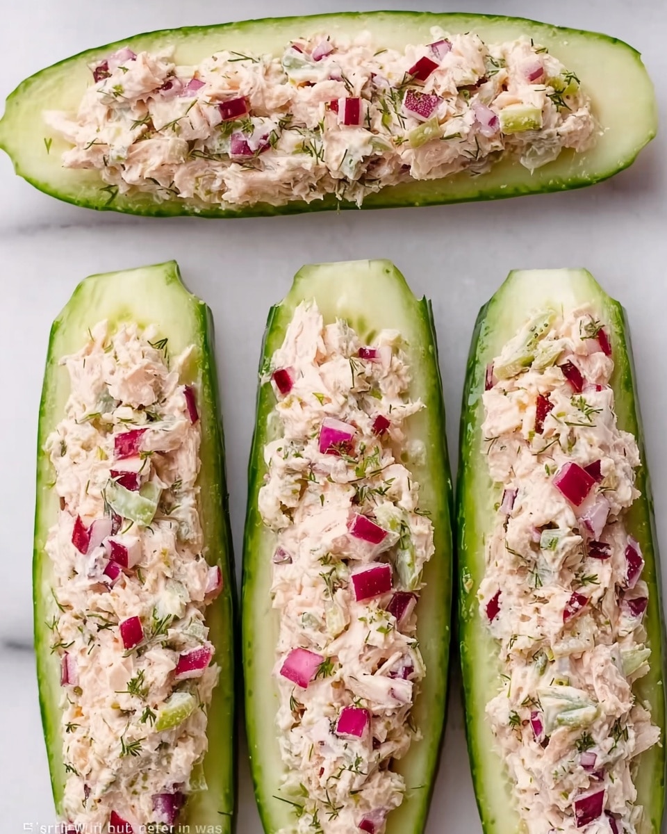The image shows a close-up of cucumber boats placed on a white marbled surface. Each cucumber is sliced lengthwise to form a hollowed boat with dark green skin on the sides and light green, moist flesh inside. The boats are filled with a creamy mixture that is light beige in color and slightly chunky in texture, mixed with small pieces of red apple for a splash of bright red color. Some small green herbs are sprinkled on top for decoration. A woman’s hand is visible in the background lightly holding one cucumber boat. The whole scene looks fresh and inviting, with soft natural lighting. photo taken with an iphone --ar 4:5 --v 7