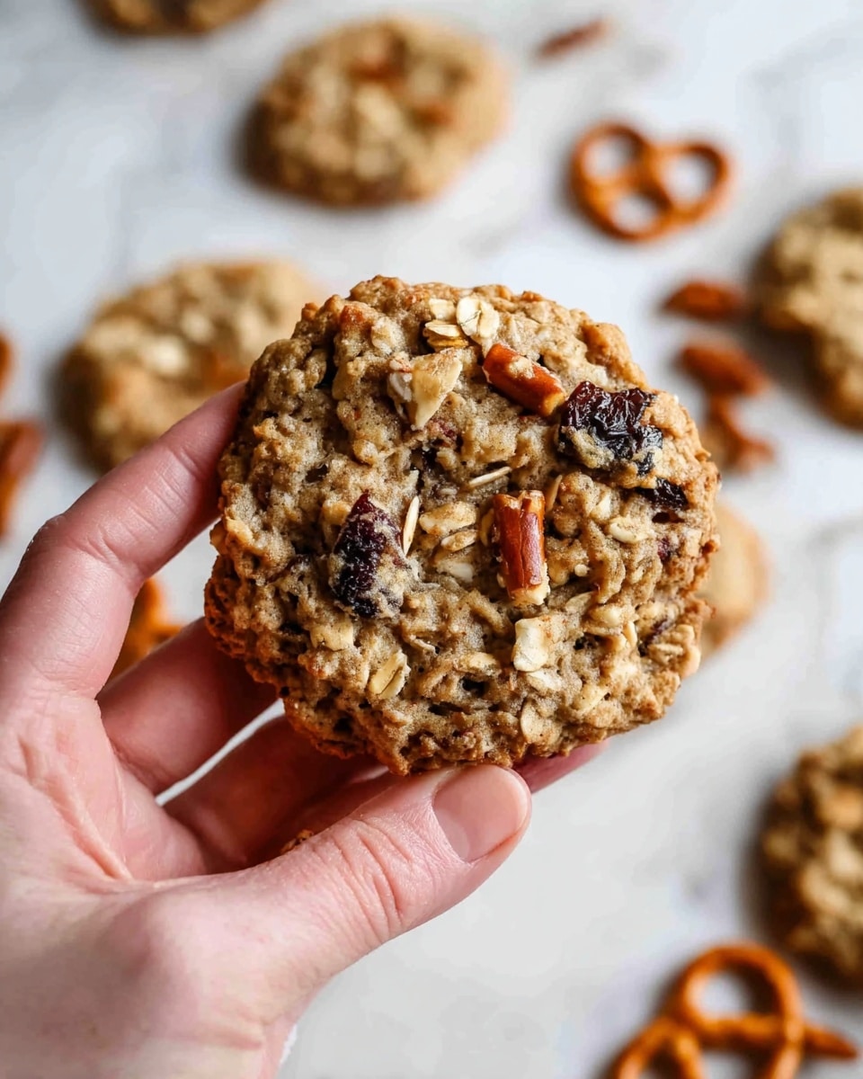 A woman's hand is holding a round oatmeal cookie with visible bits of oats, nuts, dark dried fruit, and small pretzel pieces mixed inside, giving it a rough, textured surface. The cookie is light brown with some darker spots where the ingredients cluster. In the background, several more cookies and a few pretzels are scattered on a white marbled surface, slightly blurred to keep focus on the cookie in the foreground. photo taken with an iphone --ar 4:5 --v 7