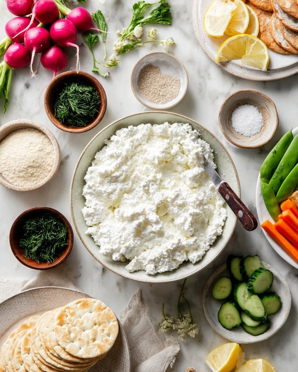 A white bowl filled with thick, lumpy white cottage cheese sits in the center on a white marbled surface, with a small knife resting inside the bowl on the right edge. Surrounding this bowl are several small bowls with different contents: dark green chopped herbs at the bottom left and top right, a beige powder in two separate bowls, and salt and pepper in a small brown bowl. Fresh vegetables are arranged around the bowls, including whole radishes with green tops at the top left, sliced cucumbers and carrot sticks on a white plate at the right, snap peas at the bottom center, and lemon slices to the lower right. At the bottom left, some round crackers and flat pita-like bread pieces are neatly stacked on a round plate. The entire scene is bright and clean. Photo taken with an iphone --ar 4:5 --v 7