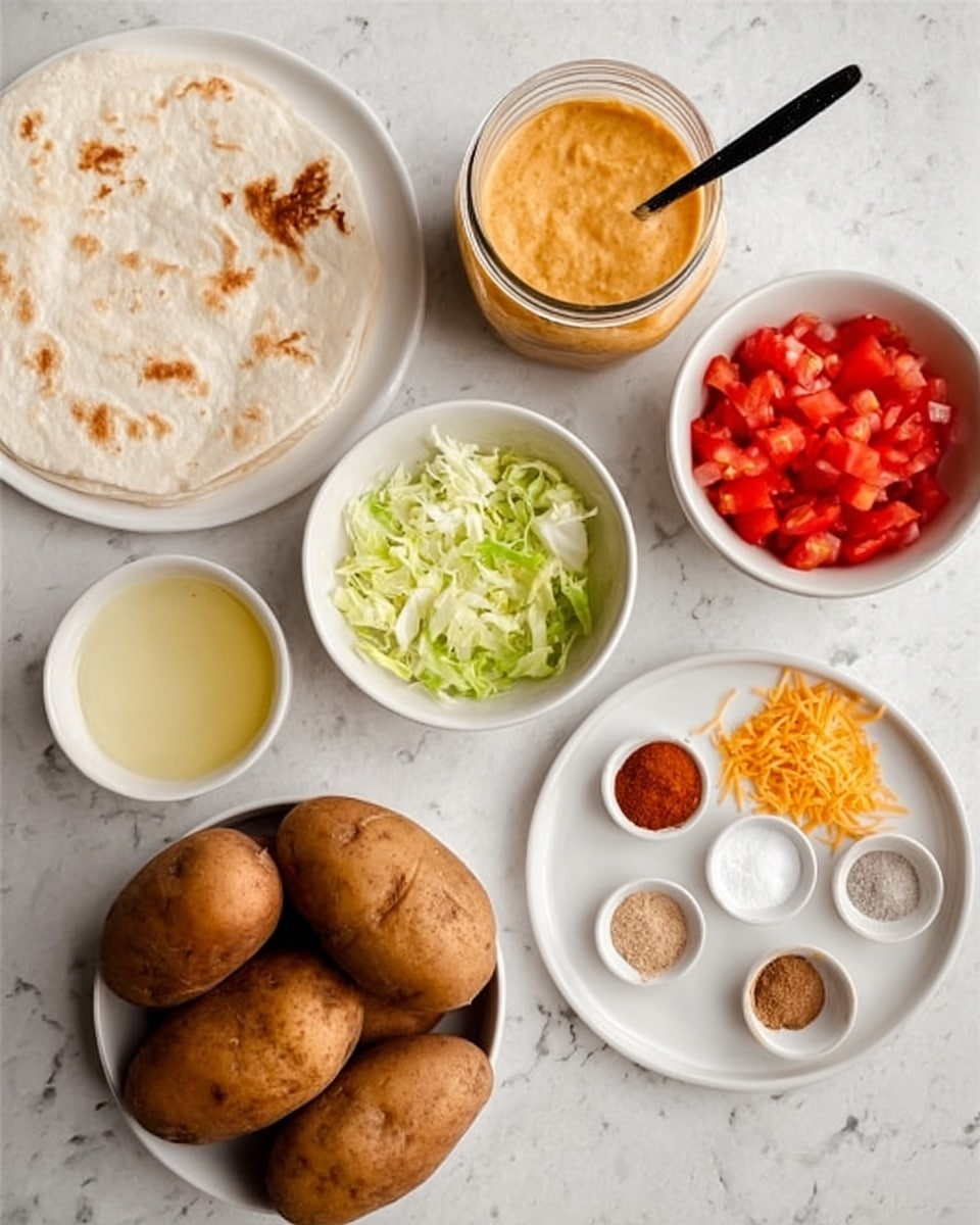The image shows several small white bowls and one white plate arranged on a white marbled surface. From the top center to bottom left, there is a white tortilla with some brown spots, a jar with a creamy orange sauce and a black spoon inside, a bowl of diced red tomatoes, a bowl of shredded green lettuce, a bowl with clear, light yellow liquid, a small bowl with a white powder, and a white plate holding six small piles of different spices including red, white, and brown colors. At the bottom left, a white bowl contains three whole brown potatoes. Another bowl holds shredded orange cheese. The scene is tidy and well-lit, photo taken with an iphone --ar 4:5 --v 7