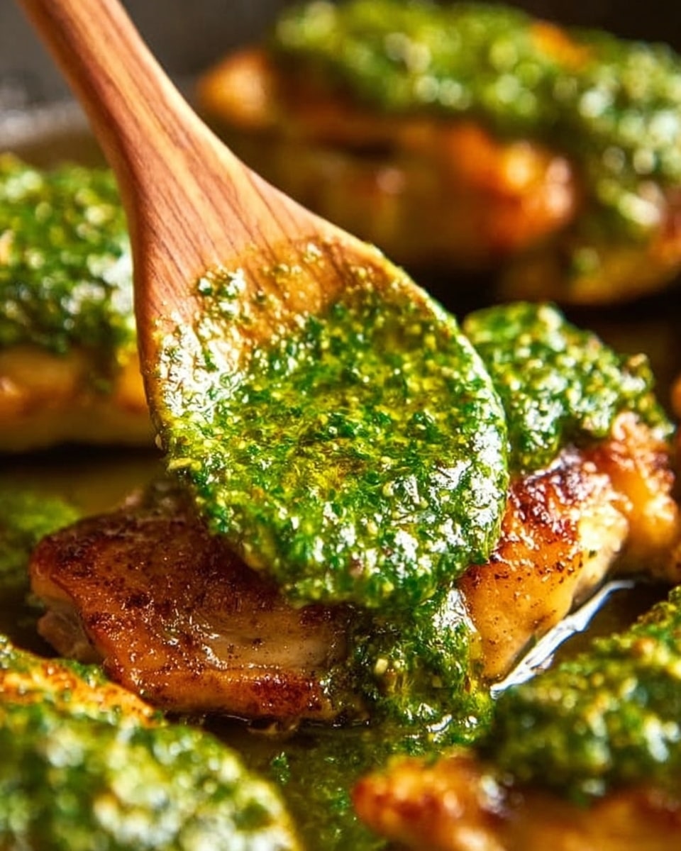 A close-up image shows a wooden spoon spreading a thick, bright green sauce onto a golden brown cooked piece of chicken. The sauce has a textured, slightly chunky appearance with visible herbs. Multiple pieces of chicken lie under the sauce, all with a shiny and moist look, sitting in a pan. The background is softly blurred, keeping the focus on the spoon and the chicken with green sauce. Photo taken with an iphone --ar 4:5 --v 7