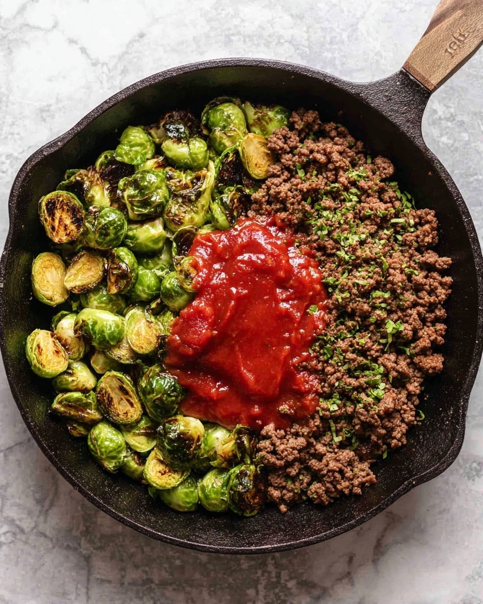 A black cast iron skillet with cooked green Brussels sprouts on the left side, showing some char marks and a slightly shiny, soft texture. On the right side, there is a layer of brown cooked ground meat with a crumbly texture mixed with small green herbs. In the center of the skillet, there is a bright red sauce with a thick, smooth texture. The skillet is placed on a white marbled surface. photo taken with an iphone --ar 4:5 --v 7