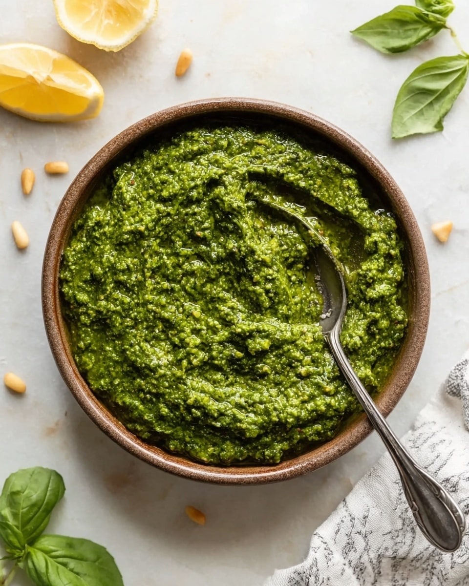 A brown bowl filled with a thick, textured bright green pesto sauce that looks slightly coarse. A silver spoon rests on the right edge inside the bowl, partially covered by the green sauce. Around the bowl on the white marbled surface are two lemon wedges at the top left, scattered pine nuts, a few fresh green basil leaves at the bottom left, and a white cloth with a grey pattern close to the bowl's right side. photo taken with an iphone --ar 4:5 --v 7