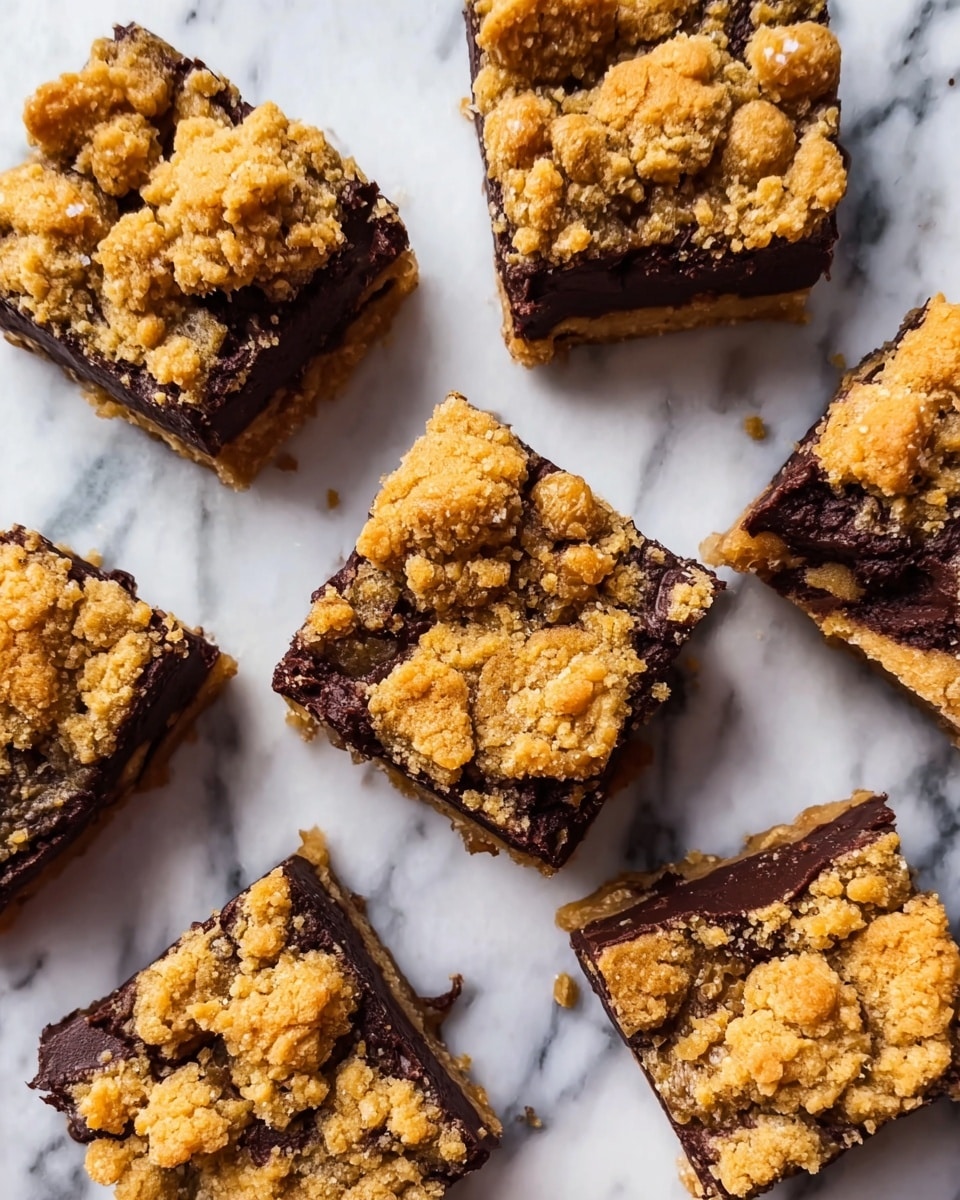 The image shows seven square pieces of dessert arranged on a white marbled surface. Each piece has two distinct layers: the bottom layer is a dark, rich chocolate with a smooth texture, while the top layer is a golden-brown crumbly cookie dough with small chunks, giving a rough texture. The cookie dough layer is uneven and cracked, revealing parts of the chocolate layer underneath. The squares are spaced irregularly, viewed from above, and the lighting highlights the textures and colors sharply. photo taken with an iphone --ar 4:5 --v 7