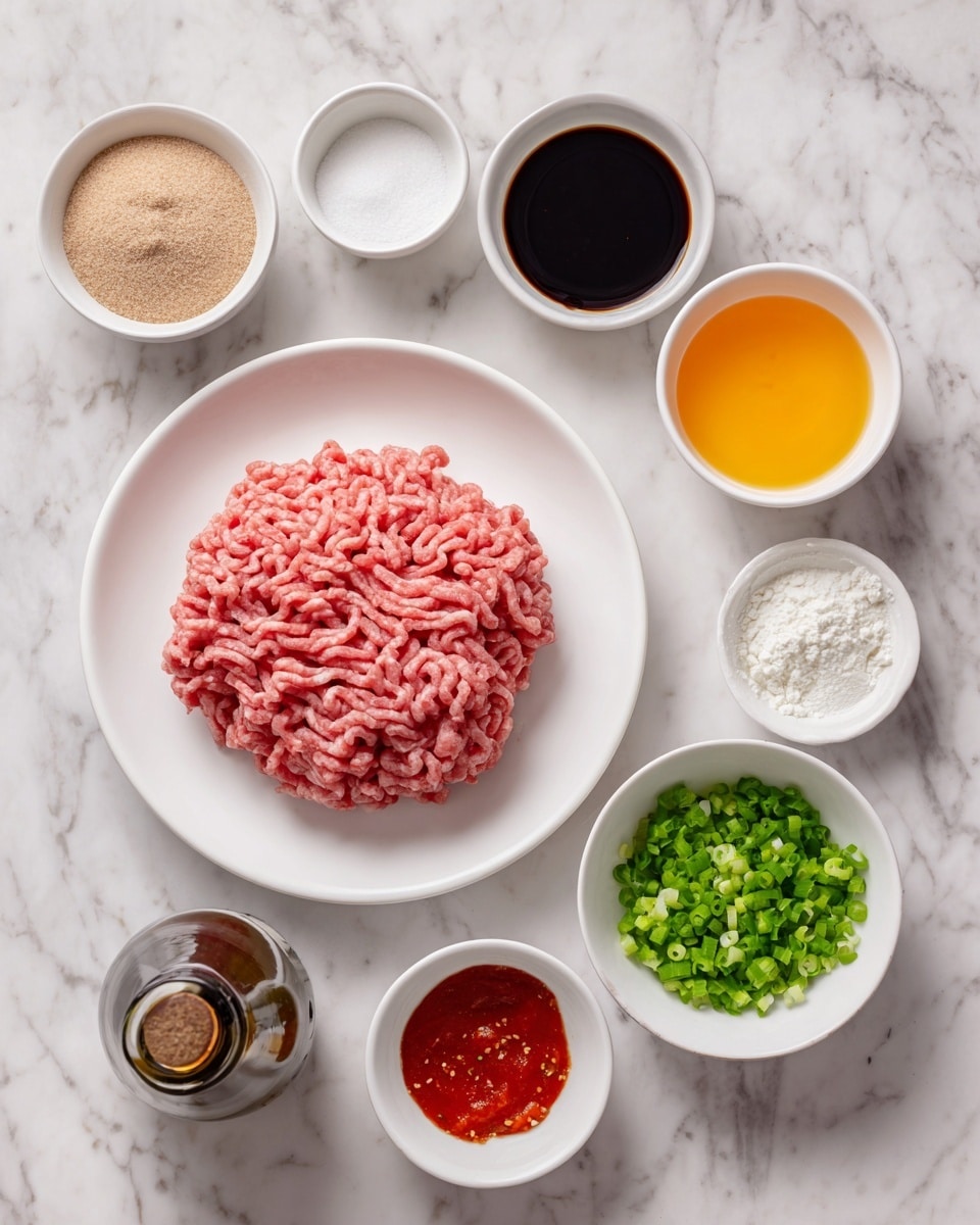 The image shows a white round plate with a single layer of pink ground beef in the center, surrounded by small white bowls arranged on a white marbled surface. Each bowl contains different ingredients: one with light brown sugar, another with dark soy sauce, a bright orange bowl of orange juice, a pale greenish bowl of canola oil, a white bowl of cornstarch, a very small brown bottle of sesame oil, a white bowl of red sweet chili sauce, a white bowl with minced garlic, and a small white bowl of green chopped green onions. The bowls and plate are evenly spaced and neatly arranged. Photo taken with an iphone --ar 4:5 --v 7