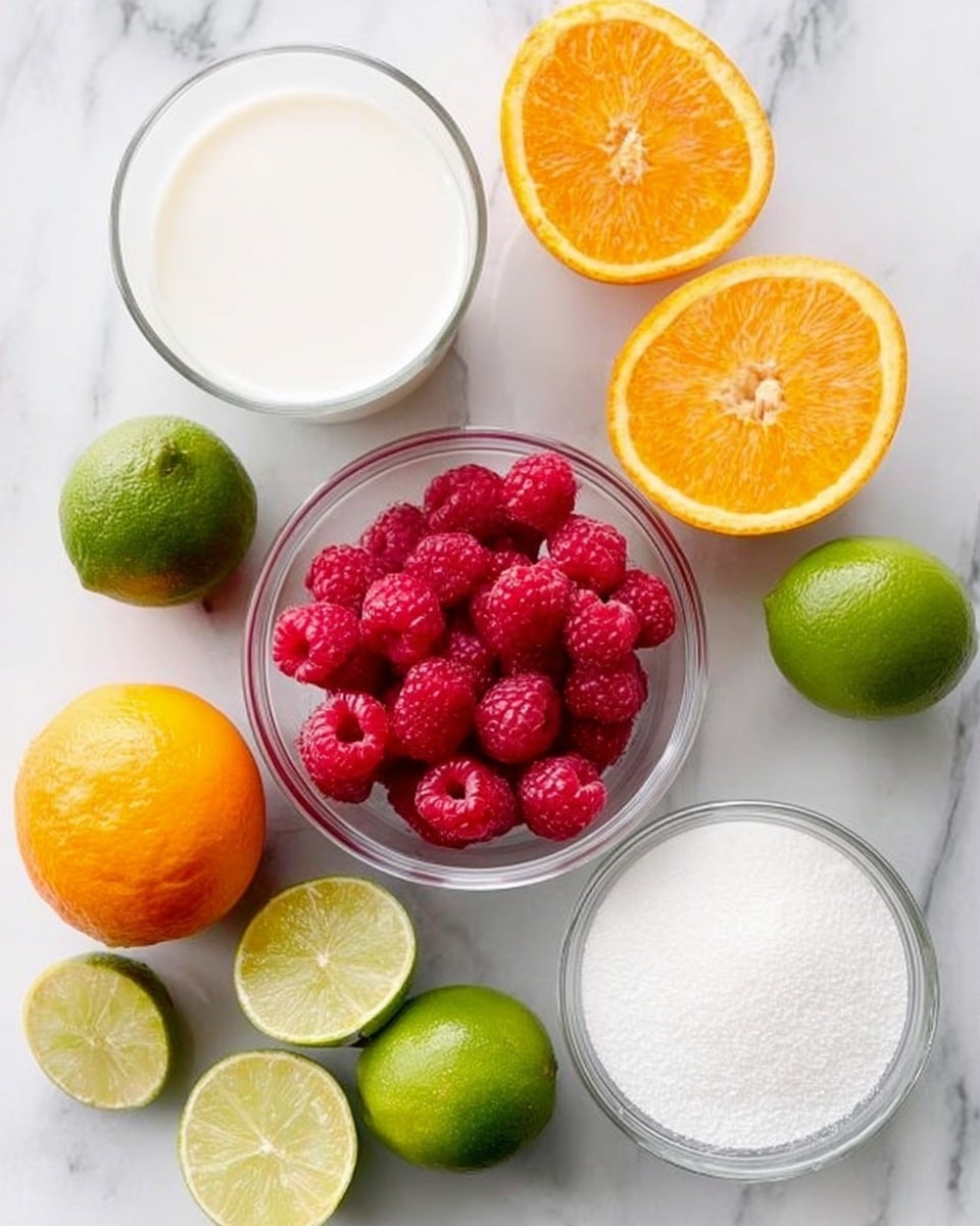 A top-down view of several ingredients neatly arranged on a white marbled surface, featuring a clear glass bowl filled with bright red raspberries in the center, a large orange and two orange halves showing their juicy interior, two whole limes along with two lime halves scattered around, two clear glasses filled with white milk, and a clear glass bowl filled with white granulated sugar. The colors contrast nicely with the white marbled background, creating a fresh and vibrant look. Photo taken with an iphone --ar 4:5 --v 7